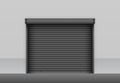 Realistic black roller shutter door on grey storage wall. Industrial roller shutter for metal gate. Closed garage door