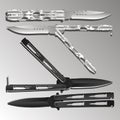 Realistic black and silver balisongs or butterfly knives in different positions