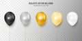 Realistic black, silver, gold, yellow and white balloon vector illustration on transparent background. Decoration