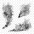 Realistic black smoke clouds. Stream of smoke from burning objects. Transparent fog effect. Vector design element. Royalty Free Stock Photo