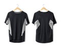 Realistic black sport T shirt mockup hanging front and back view on white background with clipping path.