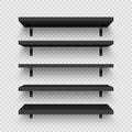 Realistic black store shelves with wall mount. Empty product shelf, grocery wall rack. Mall and supermarket furniture
