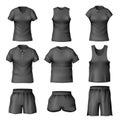 Realistic black t-shirts and short. Different types shirts, male and female casual clothes top view, underwear blank