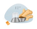 Realistic black tea in choux strainer, ginger root, teabag tea with orange label vector