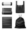 Realistic black trash bags. Kitchen garbage plastic sacks, bag with handles, collapsed and expanded, roll with blank empty label,