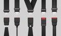 Realistic black unfastened safety seat belt designs. Unlocked vehicle, car or airplane passenger seatbelt with buckles