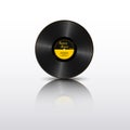 Realistic Black Vinyl Record with mirror reflection. Retro Sound Carrier. Yellow label LP record with text. Musical long play Royalty Free Stock Photo