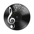 Realistic black vinyl record and notes, musical composition isolated on white background. Highly detailed. Design music decorative Royalty Free Stock Photo