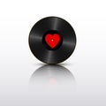 Realistic Black Vinyl Record with red heart label and mirror reflection. Retro Sound Carrier isolated on white background Royalty Free Stock Photo