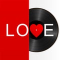 Realistic Black Vinyl Record with red heart label and word love. Retro Sound Carrier isolated on white background Royalty Free Stock Photo