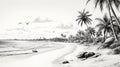 Realistic Black And White Beach Drawing With Palm Trees And Birds