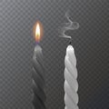 Realistic black and white candles, Burning and an extinct candles on dark background, vector illustration Royalty Free Stock Photo