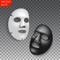 Realistic black and white facial cosmetic sheet mask on transparent background