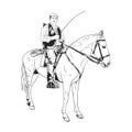 A realistic black and white illustration of a person riding a horse