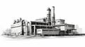 Realistic Black And White Industrial Plant Drawing
