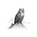 Realistic Black And White Owl Illustration On Mountain Top Royalty Free Stock Photo