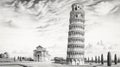 Realistic Black And White Pencil Drawing Of Leaning Tower Of Pisa
