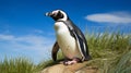 Realistic Black And White Penguin On Grass: National Geographic Style Photo