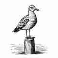 Realistic Black And White Seagull Illustration On Wooden Post Royalty Free Stock Photo