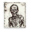 Realistic Black And White Skeleton Stamp With Comic Art Style