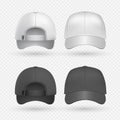 Realistic black and white sport caps isolated on transparent background. Baseball hat vector design templates