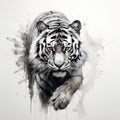 Realistic Black And White Tiger Art With Watercolor And Paint Splashes