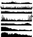 Realistic black and white vector bundle of silhouettes of the ground with grass, flowers, spikelets, trees on it. Hand