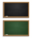 Realistic blackboard. Green and black chalkboard with wooden frame and chalk, blackboards template for school or Royalty Free Stock Photo