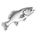 Realistic Blackline Drawing Of Big Bass On White Background