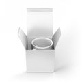 Realistic blank ceramic white coffee cup and mug with box isolated on white background. design template. 3d render illustration Royalty Free Stock Photo