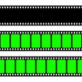 Realistic blank film strip, camera roll. Old retro cinema movie strip with green chroma key background. Analog video