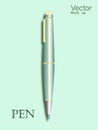 Realistic Blank Green Pen isolated. Office Tool pen template. Vector illustration of Realistic Ballpoint Pen mock up