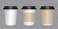 Realistic blank mock up paper cups set with black plastic lid. Coffee to go, take out mug