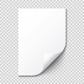 Realistic blank paper sheet with shadow in A4 format on transparent background. Notebook or book page with curled corner