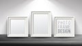 Realistic Blank Picture Frame Vector. Light Wood and Dark Wood Picture Frames Mock Up. Wooden Table On Interior Royalty Free Stock Photo