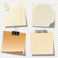 Realistic blank sticky notes with clip binder and adhesive tape. Colored sheets of note papers. Paper reminder. Vector