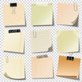 Realistic blank sticky notes with clip binder and adhesive tape. Colored sheets of note papers. Paper reminder. Vector