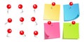 Realistic blank sticky notes isolated on white background. Colorful sheets of note paper with red round push pins. Paper Royalty Free Stock Photo