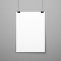 Realistic blank white paper poster hanging on wall vector mockup