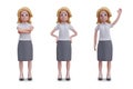 Realistic blonde in different poses. Businesswoman stands