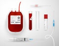 Realistic blood transfusion equipment set vector illustration. Collection lifeblood bag for donation