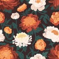 Realistic blooming peonies and chrysanthemums seamless pattern. Bright elegant flowers with buds, petals and branches