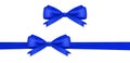 Realistic blue bow and horizontal ribbon shiny satin for decoration gifts, greetings, holidays. Royalty Free Stock Photo