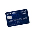 Realistic blue credit card icon isolated on white. Detailed plastic card with silver embossed symbols and chip. Banking and Royalty Free Stock Photo