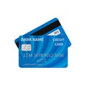 Realistic blue credit card isolated on white. Detailed plastic card with silver embossed symbols. Money payment and online