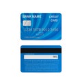 Realistic blue credit card isolated on white. Detailed plastic card with silver embossed symbols. Front and back sides. Online Royalty Free Stock Photo