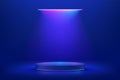 Realistic blue 3d cylinder pedestal podium in Sci-fi dark blue abstract room with illuminate horizontal neon lamp. Vector