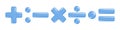 Realistic blue 3d plus, minus, multiply, division and equal sign. Decorative arithmetic 3d element, education maths icon,