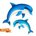 Realistic blue dolphin in motion. Vector illustration of cute jumping sea fish or swimming aquatic mammal isolated on white Royalty Free Stock Photo