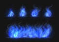 Realistic blue fire flames set. Transparent torch effect, abstract blue light flare, campfire design template. Isolated Royalty Free Stock Photo